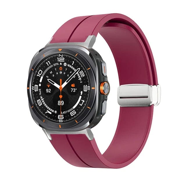 Magnetic Silicone Sports Watch Strap For Samsung Galaxy Watch 7 Ultra 47mm / Wine Red-Silver