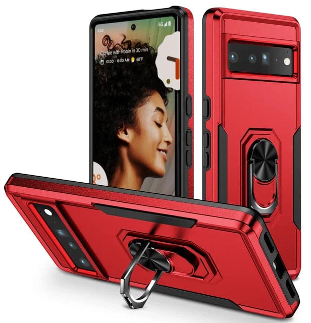 Shockproof Phone Case With Ring Grip For Google Pixel Google Pixel 9 Pro XL / Red and Black