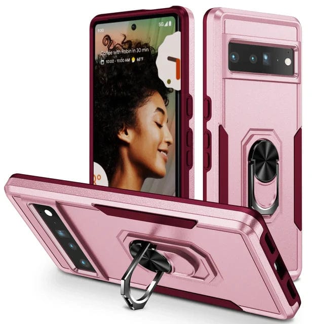 Shockproof Phone Case With Ring Grip For Google Pixel Google Pixel 9 Pro XL / Pink and Maroon