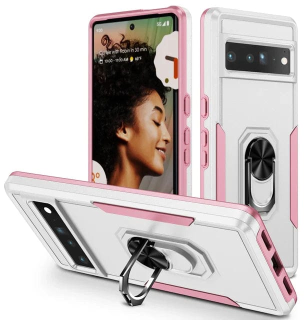 Shockproof Phone Case With Ring Grip For Google Pixel Google Pixel 9 Pro XL / White and Pink