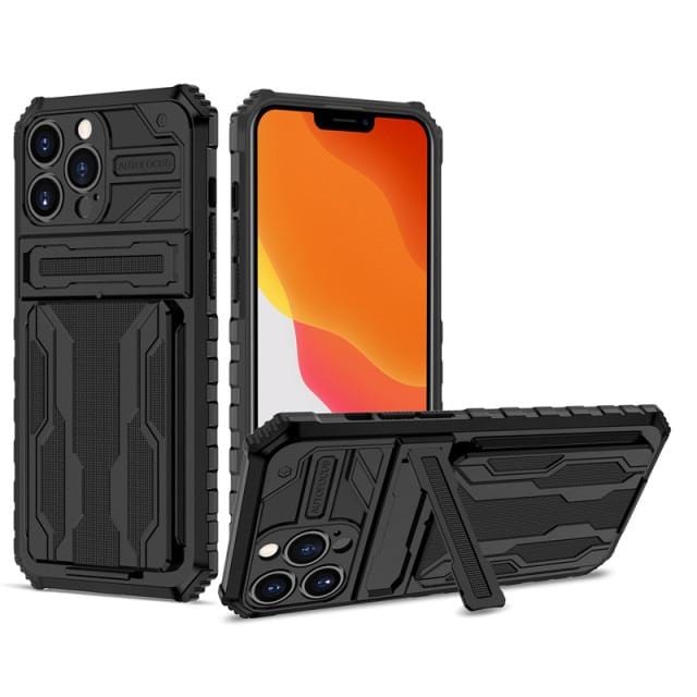 Shockproof Card Holder Phone Case With Kickstand iPhone 14 / Black