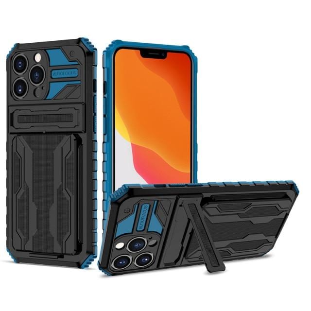 Shockproof Card Holder Phone Case With Kickstand iPhone 14 / Blue