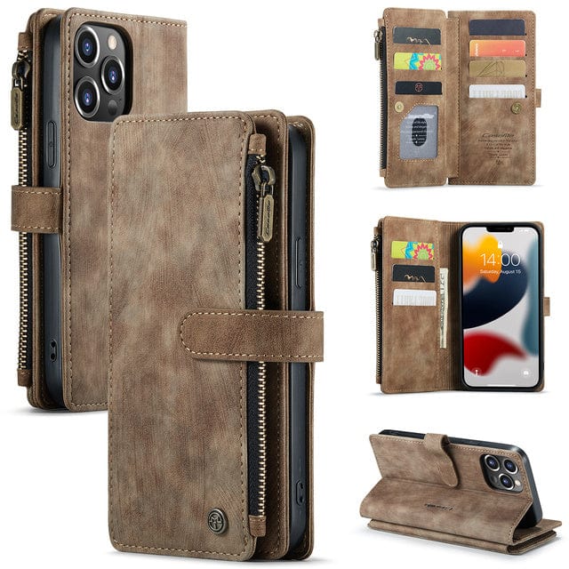 Zipper Leather Wallet Phone Case iPhone 15 / Brown