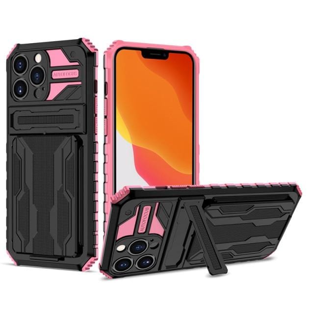 Shockproof Card Holder Phone Case With Kickstand iPhone 14 / Pink