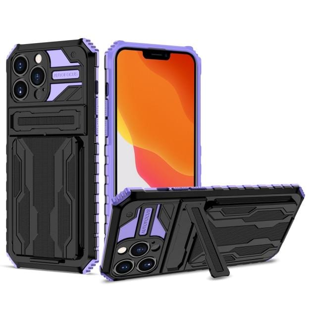 Shockproof Card Holder Phone Case With Kickstand iPhone 14 / Purple