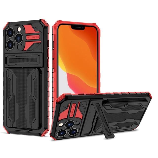 Shockproof Card Holder Phone Case With Kickstand iPhone 14 / Red