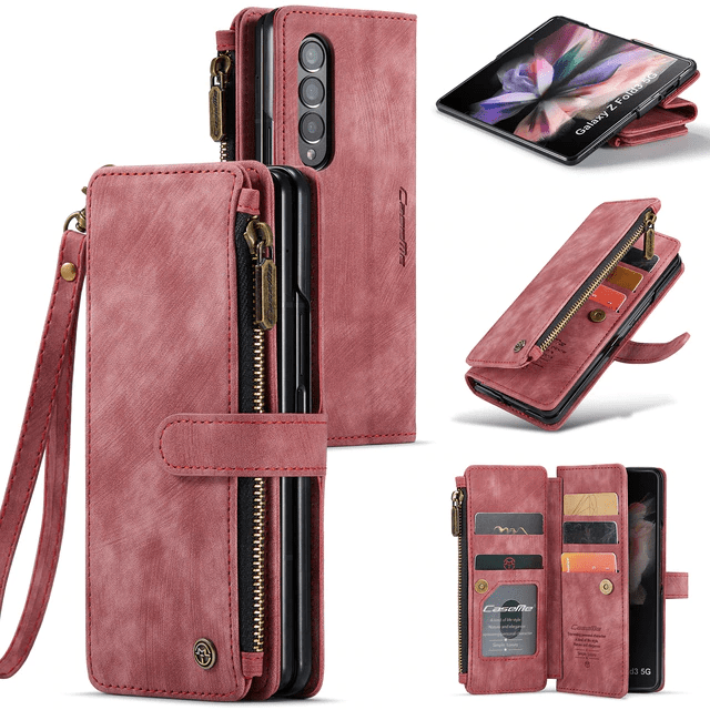 Zipper Leather Wallet Case For Samsung Z Fold Red / Galaxy Z Fold 3