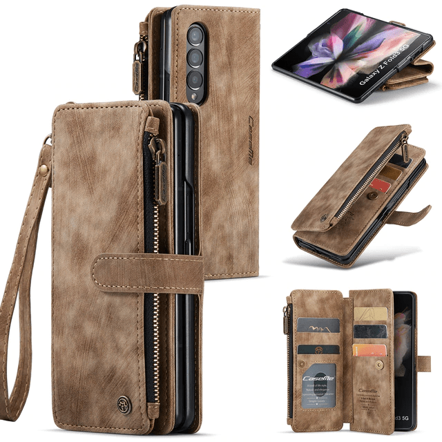 Zipper Leather Wallet Case For Samsung Z Fold Brown / Galaxy Z Fold 3