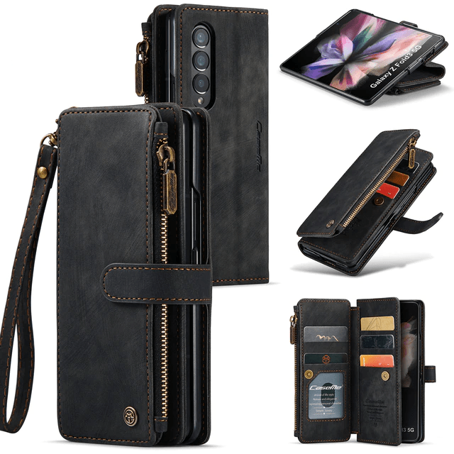 Zipper Leather Wallet Case For Samsung Z Fold Black / Galaxy Z Fold 3