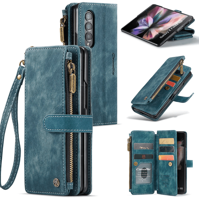Zipper Leather Wallet Case For Samsung Z Fold Blue / Galaxy Z Fold 3