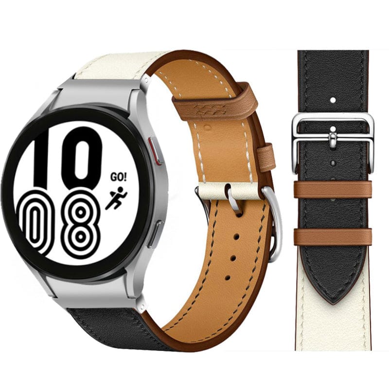 Leather Watch Band For Samsung Dirty White & Black / Galaxy Watch4 (40mm & 44mm)