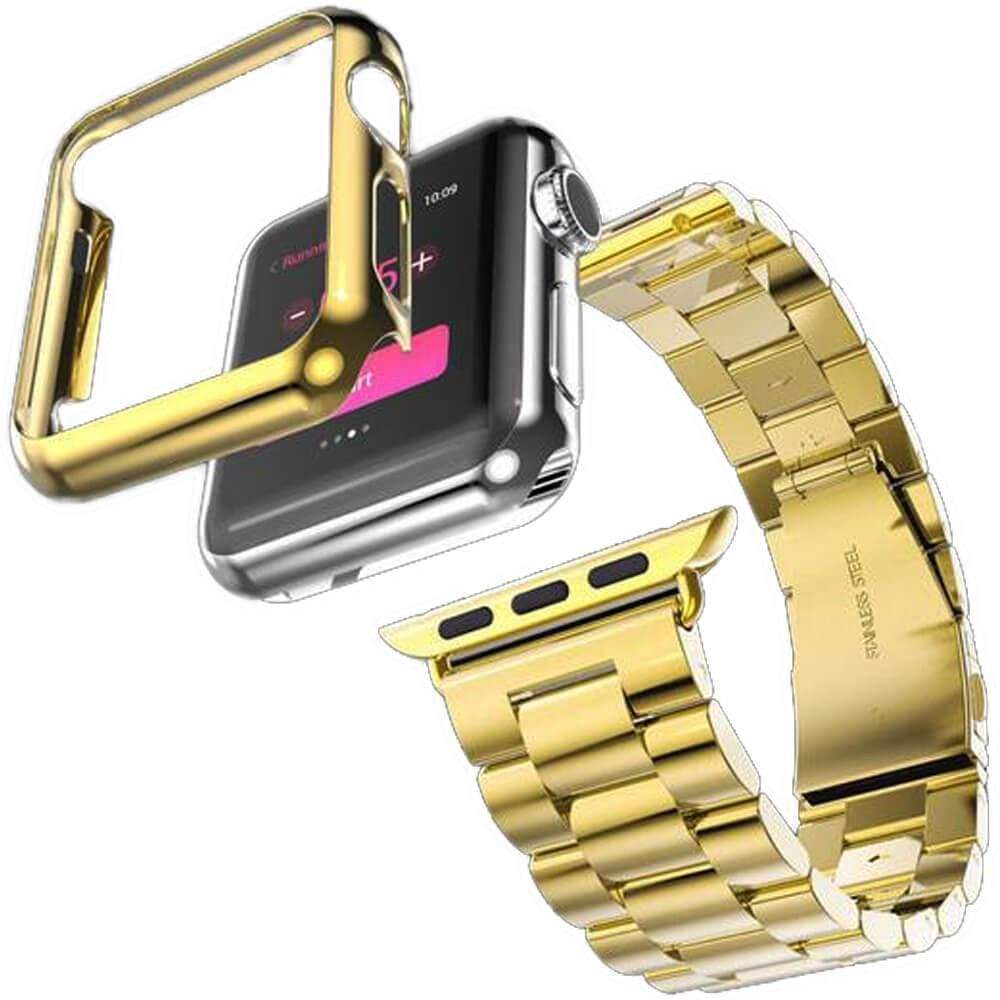 Stainless Steel Watch Band With Case + FREE Band Adjuster Tool Gold / 38mm (Series 1-3)