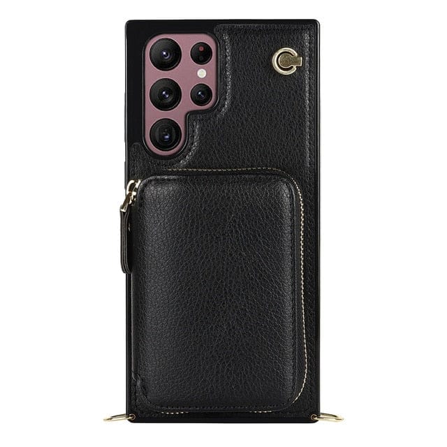 Leather Wallet Case With Lanyard For Samsung Note Galaxy S9 / Black