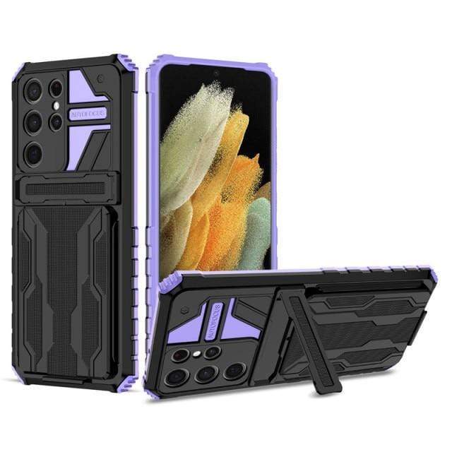 Shockproof Card Holder Case With Kickstand For Samsung Galaxy Samsung M02 / Purple