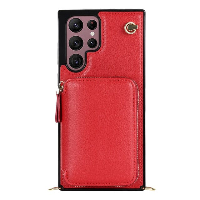 Leather Wallet Case With Lanyard For Samsung Note Galaxy S9 / Red