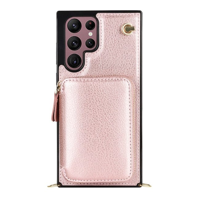 Leather Wallet Case With Lanyard For Samsung Note Galaxy S9 / Rose Gold