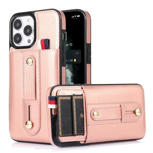 Leather Card Holder Phone Case With Kickstand iPhone 13 Mini / Rose Gold