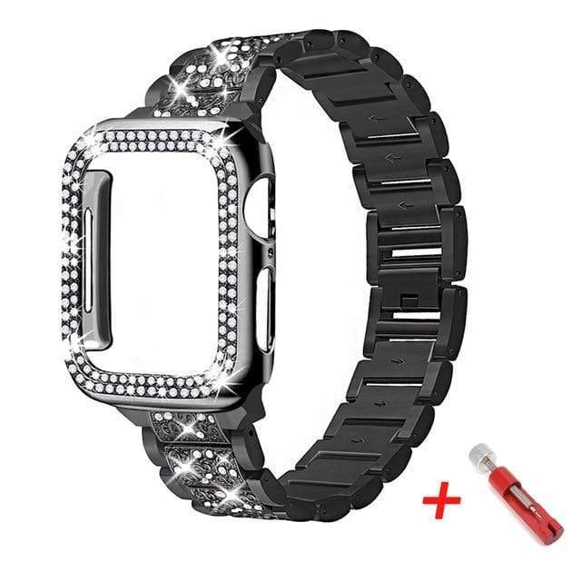 Diamond Watch Band With Case + FREE Band Adjuster Tool Black / 38mm (Series 1-3)