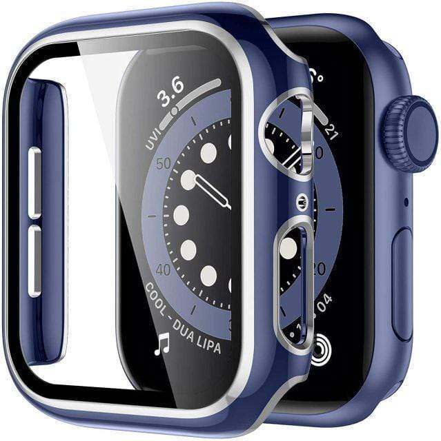 2 Tone Tempered Glass Protective Watch Case Blue & Silver / 38mm (Series 1-3)