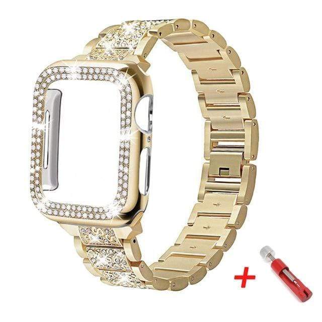 Diamond Watch Band With Case + FREE Band Adjuster Tool Gold / 38mm (Series 1-3)