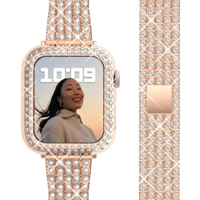 Rhinestone Stainless Steel Watch Band With Case Rose Gold / 38mm (Series 1-3)