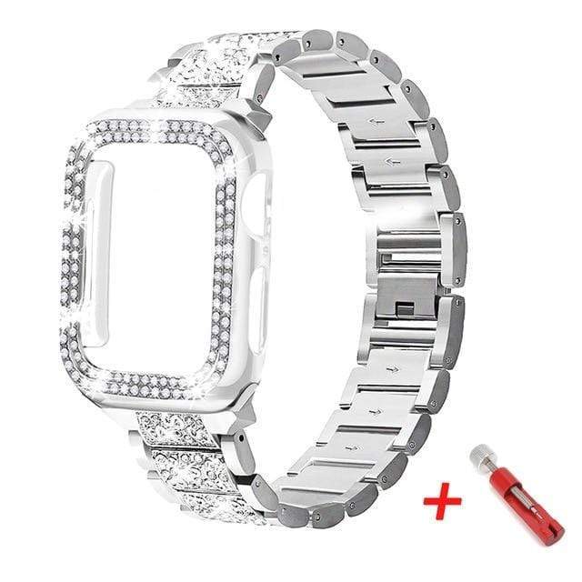 Diamond Watch Band With Case + FREE Band Adjuster Tool Silver / 38mm (Series 1-3)